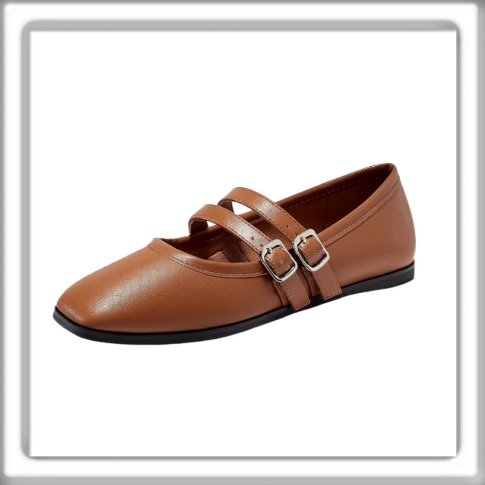 Coutgo Mary Jane Flats Shoes Square Toe Double Strap Soft Slip On Brown Size 8.5